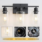EMONG 3-Lights Bathroom Light Fixtures, Matte Black Vanity Light with Glass Shade, Modern Wall Sconces Lighting for Bathroom,Mirror,Farmhouse,Hallway