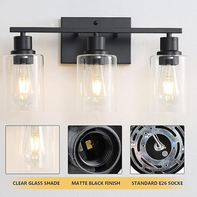 EMONG 3-Lights Bathroom Light Fixtures, Matte Black Vanity Light with Glass Shade, Modern Wall Sconces Lighting for Bathroom,Mirror,Farmhouse,Hallway