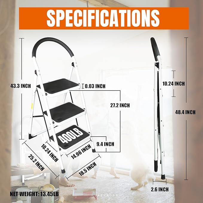 3 Step Ladder, Folding Lightweight Step Stool with Wide Anti-Slip Pedal for Home, Office, Kitchen and Garage, Service Height 27.2 inch, 400 lbs Capacity