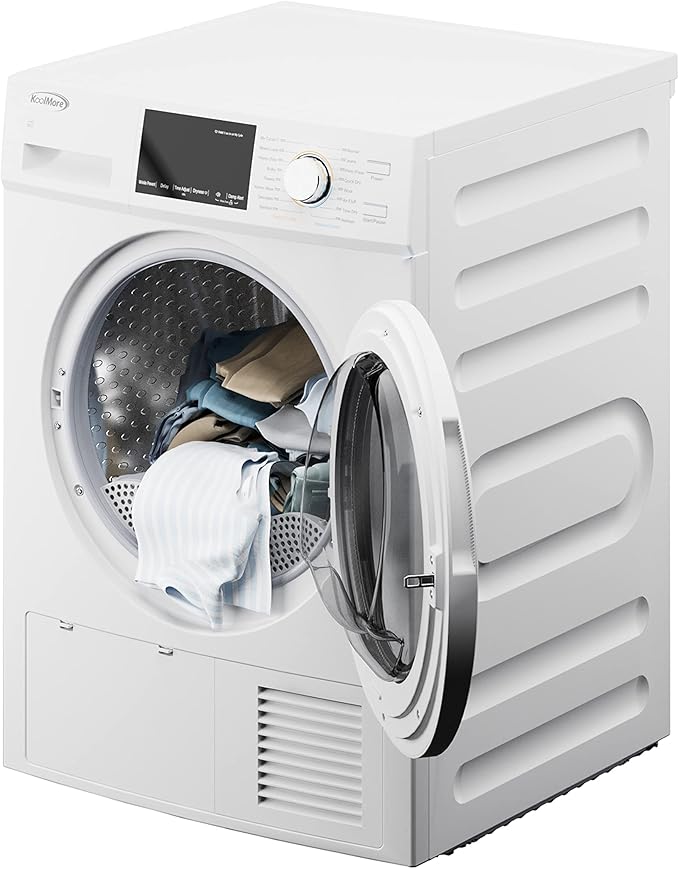 KoolMore FLD-5CWHP Electric Ventless Heat Pump Dryer, 4.4 Cu. Ft, for Small Home or Apartment, Stackable Unit, Wrinkle Prevention with Sensor Technology, 16 Drying Cycles [240V], Medium (24"), White