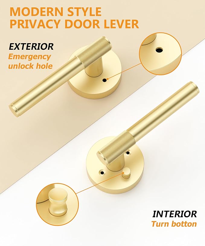 Asidrama 1 Pack Privacy Gold Door Handles, Door Lever with Door Knobs Indoor for Bedroom or Bathroom, Heavy Duty Brushed Gold Door Handles Interior with Locks for Left Right Sided Doors