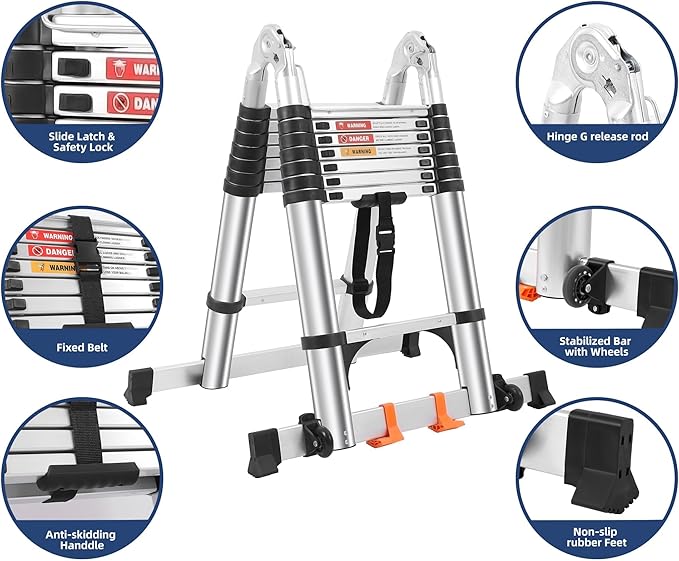Telescoping Ladders 16.5FT A Frame Stainless Steel Extension Ladder,Heavy Duty Lasts for 375LBS,with Balance Bar and Movable Wheel,Multi-Purpose Collapsible Ladder for Outdoor Indoor