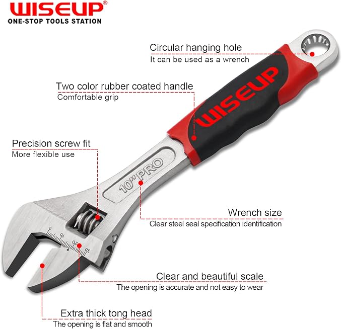 WISEUP Professional Adjustable Wrench 10 Inch Cr-V Forged Industrial Grade Hand Tools Wrench Set With Anti-Slip Grip Small Adjustable Wrench