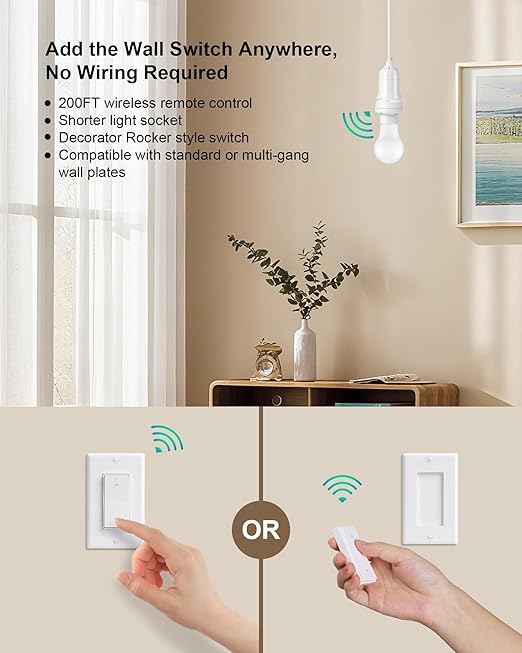 Remote Control Light Bulb Socket, Decorator Rocker Wall Switch, 200FT Range Wireless Light Switch for Pull Chain Light Fixture, E26 E27 Base, No Wiring Needed (1 Wall Switch and 2 Sockets)