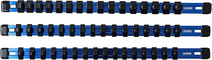 ARES 60041-3-Piece 17-Inch Blue Aluminum Socket Rail Set - 1/4-Inch, 3/8-Inch, and 1/2-Inch Drive Socket Organizers Hold 48 Sockets