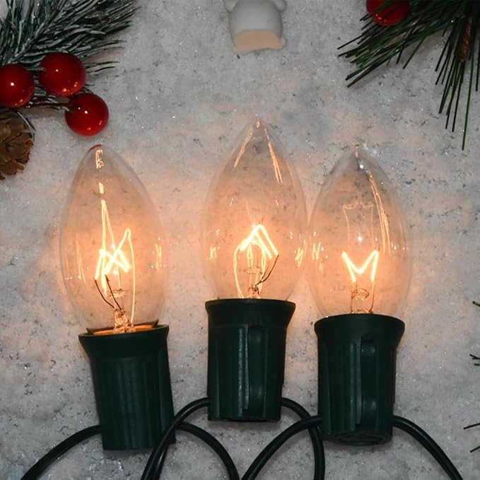25 Pack C9 Clear Incandescent Replacement Bulbs, C9 Vintage Christmas Lights Outdoor Incandescent Bulbs Fits in C9/E17 Base for Indoor Outdoor Home Party Decorations, 7 Watts Night Light Bulbs