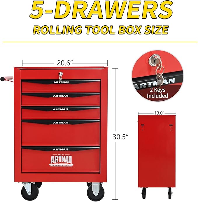 5-Drawer Steel Rolling Tool Cart with Wheels & Handle, Heavy-Duty Tool Chest Storage Cabinet for Garage and Workshop