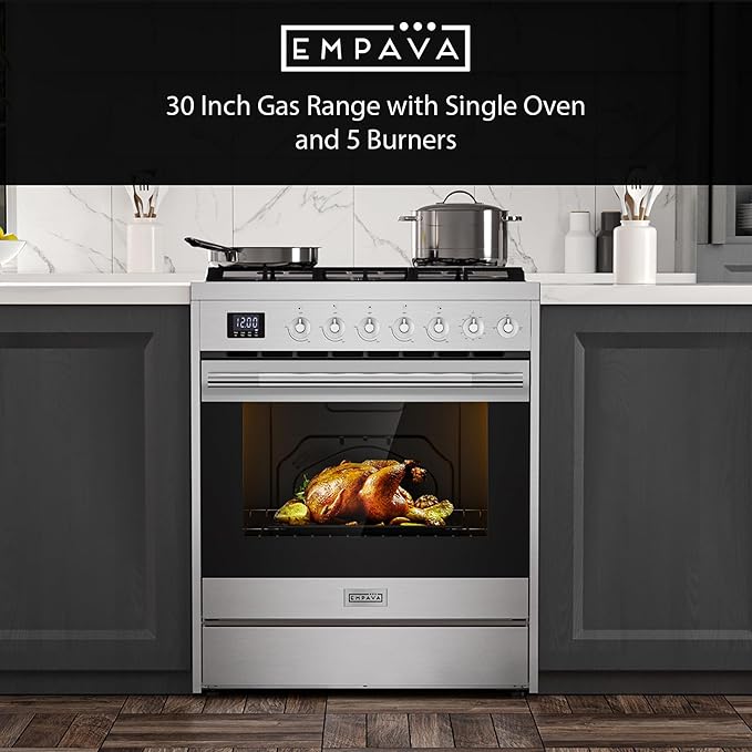 Empava Gas Range, Convection Oven 5.0 Cu. Ft with Touch Timer, 5 Deep Recessed Burners Cooktop, Heavy Duty Continuous Grates in Stainless Steel, Freestanding & Slide-in,30 Inch