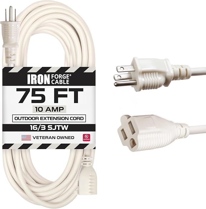 Iron Forge Cable Weatherproof 75 Ft Outdoor Extension Cord - 16/3 SJTW Heavy Duty Beige Extension Cord 3 Prong - 10 Amp Exterior Power Cable