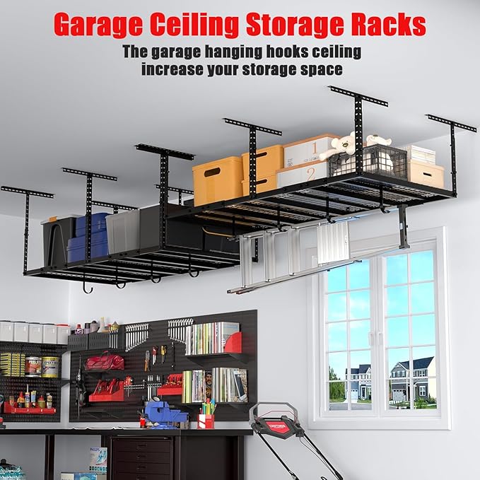 3x8 Overhead Garage Storage Rack Adjustable Garage Ceiling Storage Racks, Holds 600 lbs, 22 lbs Per Hook, Heavy Duty Steel Hanging Organizer for Tools, Bins & Bikes