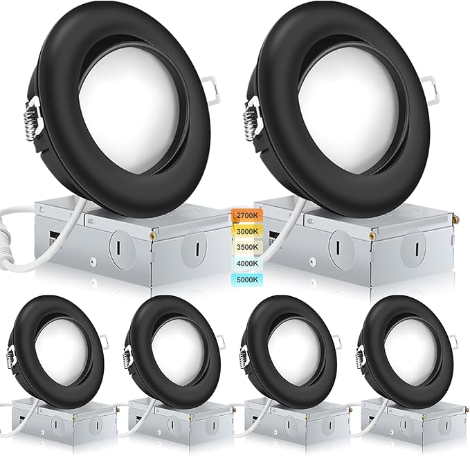 Black Recessed Lighting 4 Inch 6 Pack,Ajustable Eyeball Gimbal Light,Led Recessed Lighting 4 Inch Ceiling Light with Junction Box,5CCT Selectable,Airtight,9W 750LM,Dimmable,ETL Listed