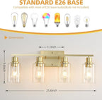 EMONG Gold Bathroom Light Fixtures,4-Lights Brushed Brass Vanity Light with Clear Glass Shade,Modern Wall Sconces for Hallway, Farmhouse,Living Room