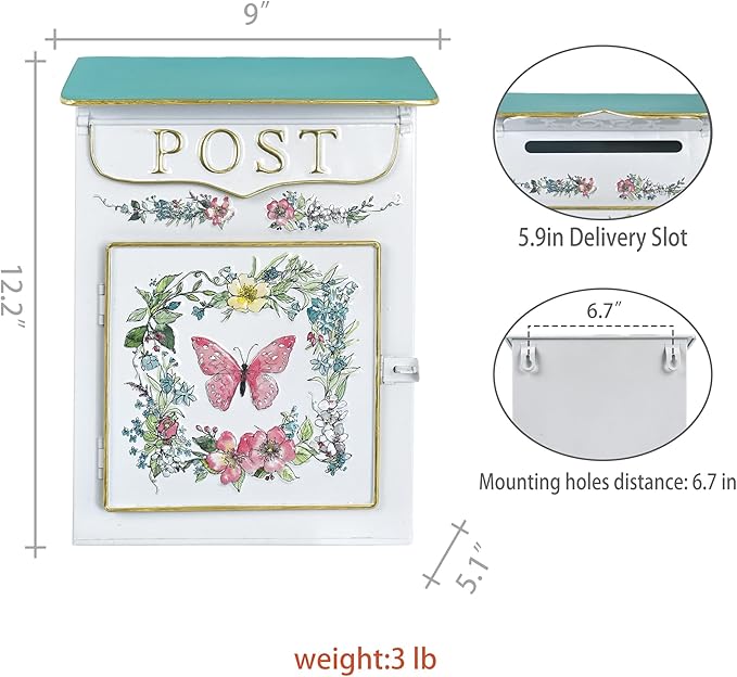 Mailbox Wall Mount Mailboxes for Outside Vintage Mail Boxes for House Outside Metal Drop Box Antique Style Nostalgic Charm Home Decorative, Butterfly Pattern, White