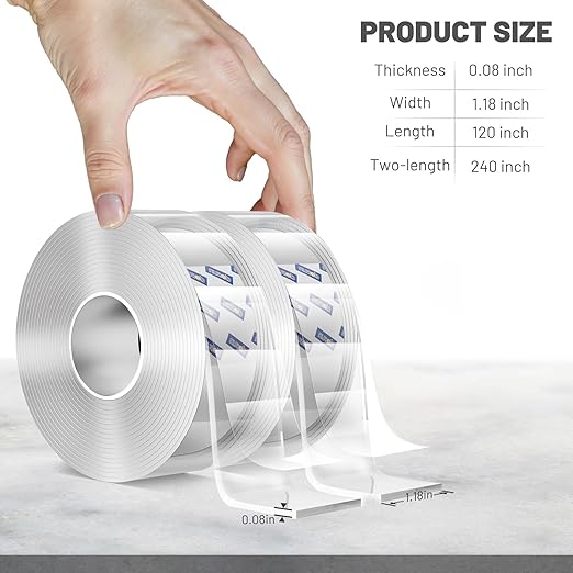 dosun Double-Sided Tape, 0.08Inch Thick Heavy Duty Enhanced Transparent Adhesion Tape. 2 Rolls Reusable Mounting Tape, Nano Tape for Poster Carpet Picture Hanging Strip Rug Wall Outdoor (20FT)