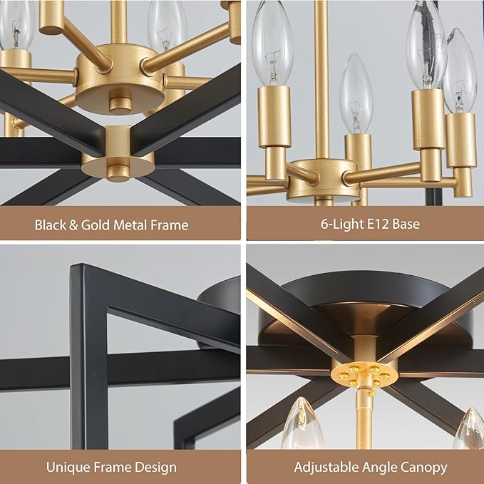 Ceiling 6-Light Black and Gold 20" Modern Geometric Semi Flush Mount Ceiling Lighting Fixture for Kitchen Island Living Room Dining Room Entryway