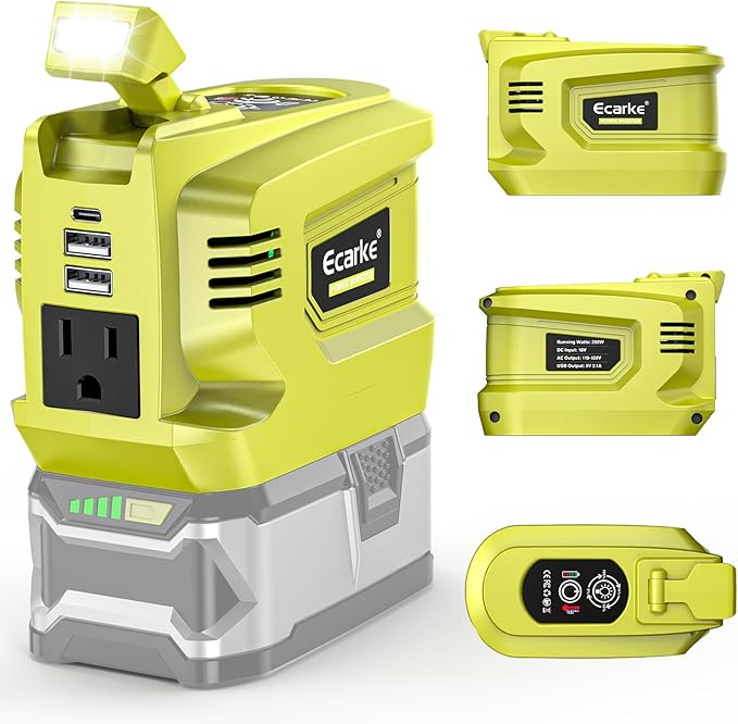200W Portable Power Inverter Compatible with Ryobi 18V,Ecarke Real 200W Outdoor Generato Battery Converter with 2 USB&LED&AC Battery Powered Outlet,Convert DC 18V to AC 110V Portable Power Station