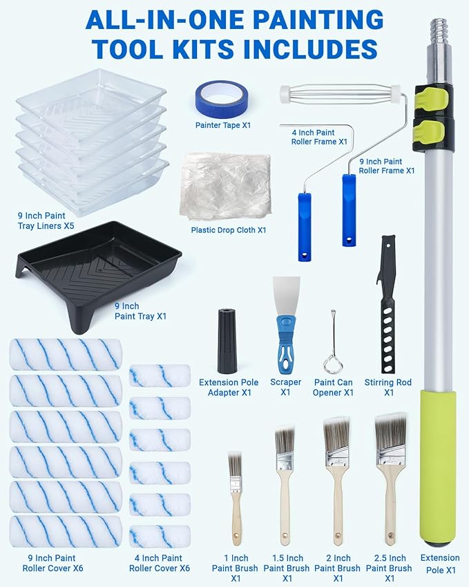 Paint Roller Kit with Extension Pole 2 to 4FT, All-in-One Wall Painting Tools Kit Paint Rollers Cover and Paint Roller Frame, Paint Brushes Set for House Painting - 30 Piece Sets