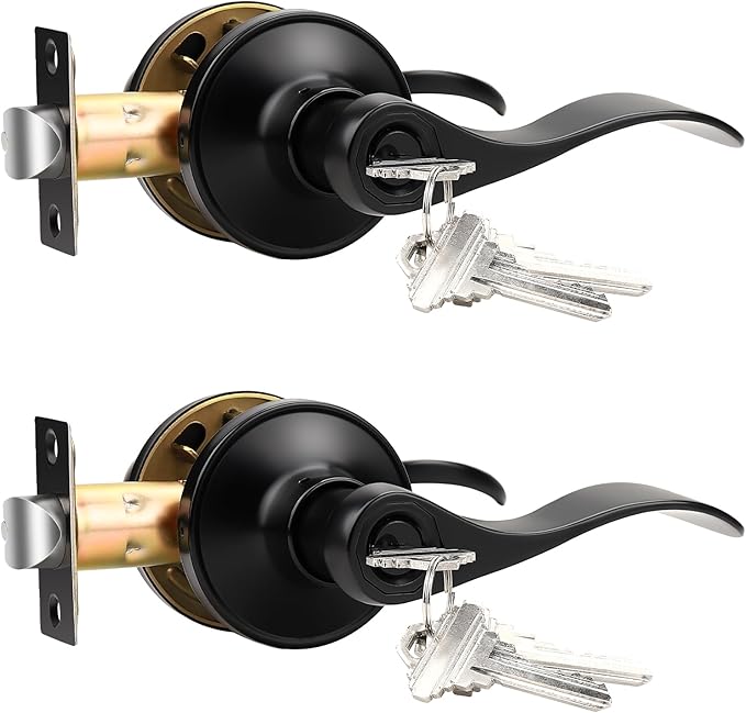 Knobonly 2 Pack Keyed Alike Bathroom/Bedroom Door Lock, Matte Black Front Door Handle, Exterior Door Handle, Same Key for Each Pack, Zinc Alloy