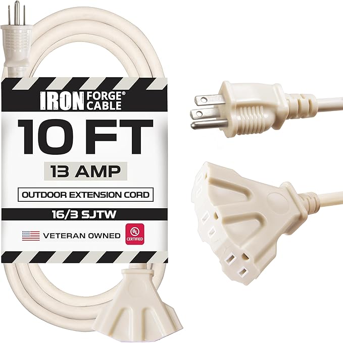 Iron Forge Cable Weatherproof 10 Ft Outdoor Extension Cord with 3 Outlets - 16/3 SJTW Heavy Duty Beige Extension Cord 3 Prong - 13 Amp Power Cable