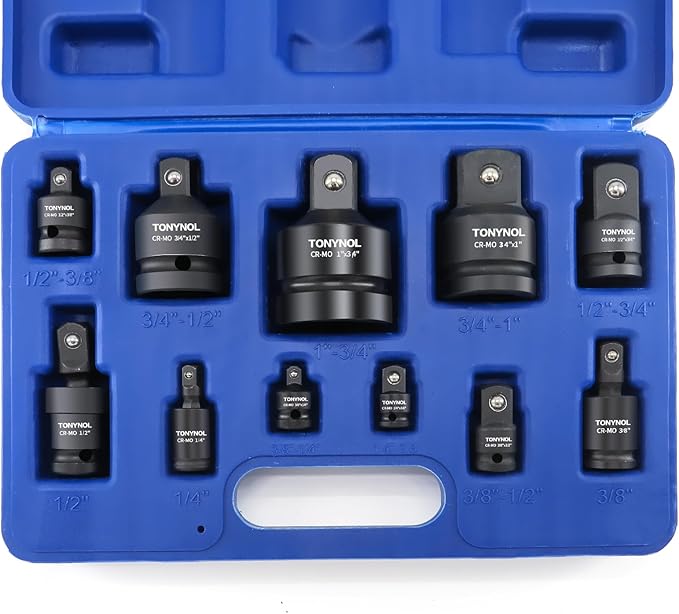 11pcs Impact Adapter and Reducer Set and Universal Joint Swivel Socket Adapter Set, 1/4" 3/8" 1/2" 3/4" 1" Drive Socket Adapter Set, Cr-Mo Steel,With a Storage Case.