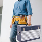 4 Drawers Metal Tool Box, 21" Portable Steel Tool Chest w/Key Lock & Latch Closure, Multi-Function Top Storage Tray Toolbox w/Powder Coating & Ball Bearing Slides for Garage (Antique Grey)