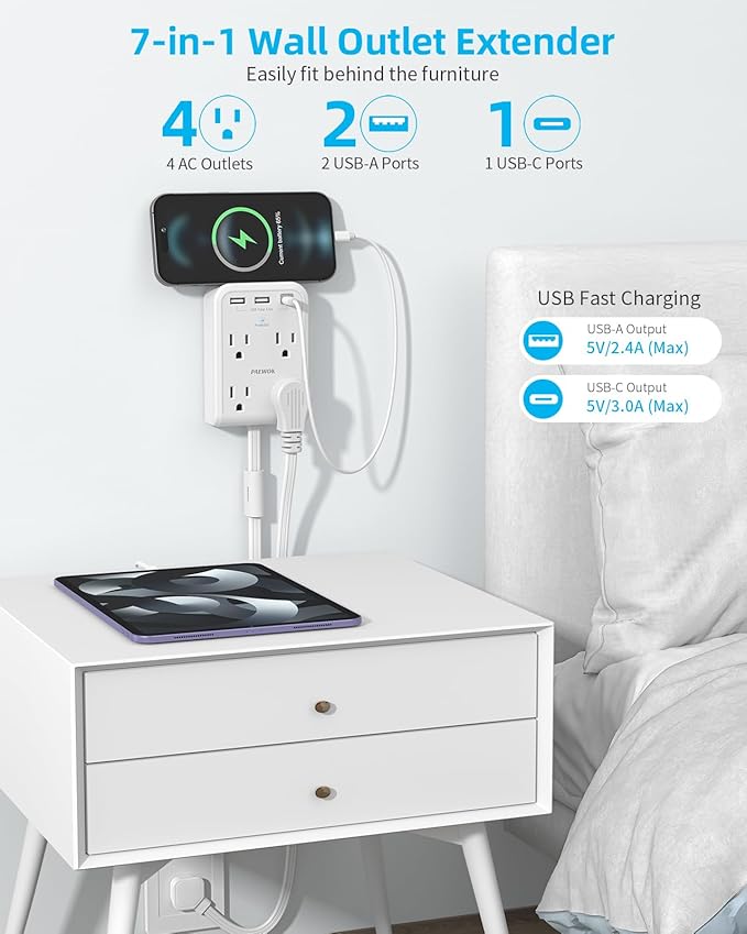 Short Power Strip 2FT - Flat Wall Extension Cord with 4AC Outlet and 3 USB Ports(1 Type C), Multi Plug Outlet Extender Small Surge Protector for Home Office Dorm, White