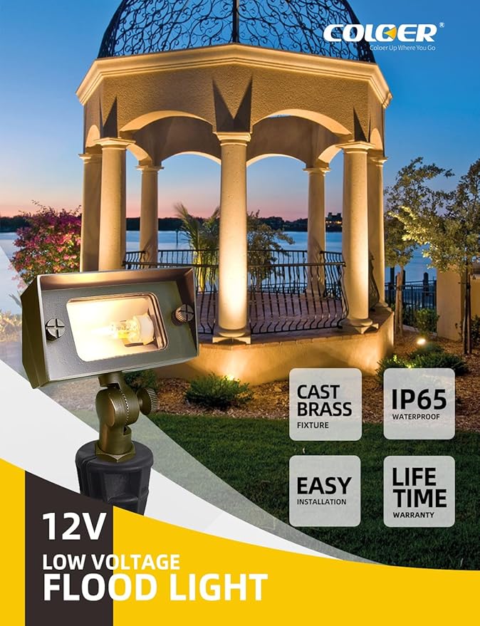 COLOER Brass Small Rectangular Flood Lights Outdoor 6 Pack with 2W 2700K Warm White LED G4 Bulb, 12V Low Voltage Landscape Outside Lights for House Illuminating Signs, Walls and Tree