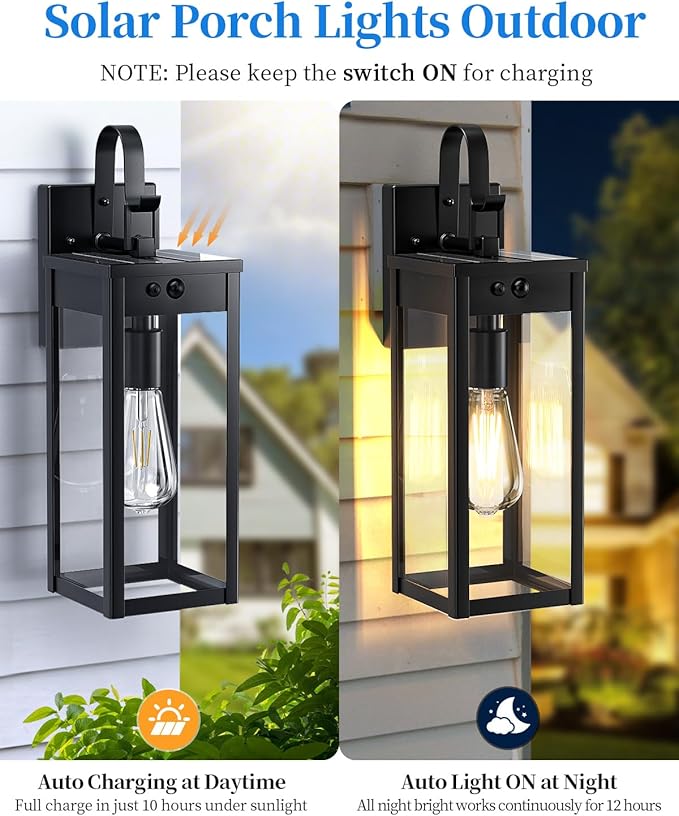17'' Solar Porch Lights Outdoor 2 Packs, Waterproof Motion Lights for Outside, Black Dusk to Dawn Outdoor Lighting Modern Wall Sconce Lantern, Exterior Lighting Fixtures for House Patio Garage