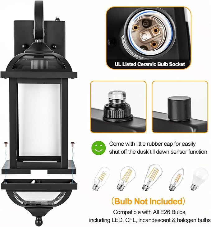 18” Dusk to Dawn Outdoor Lights for House 2-Pack, Anti-Rust Aluminum Exterior Light Fixtures with Fully Enclosed Bottom Outside Wall Lanterns IP65 Waterproof Porch Lights, Modern Black