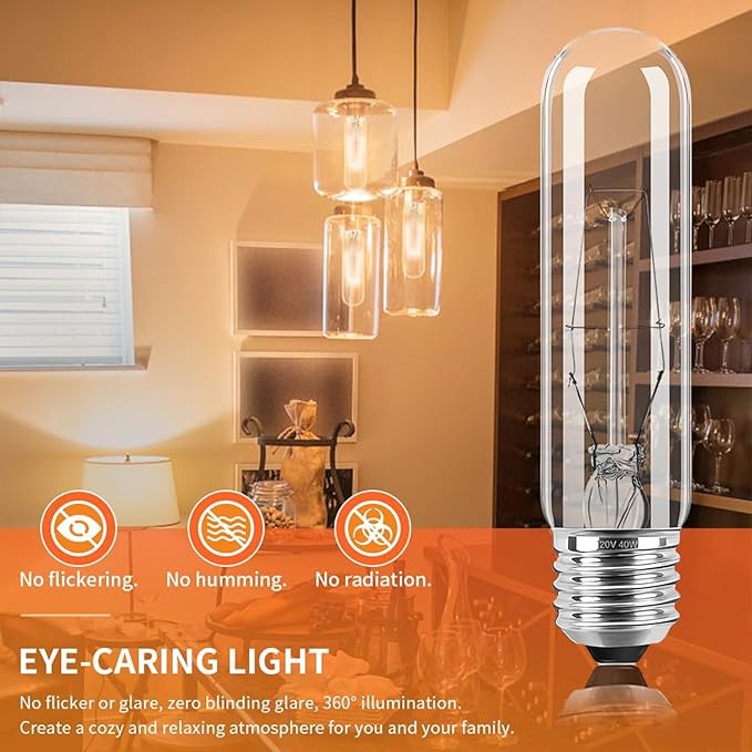 8-Pack 40W T10 Incandescent LED Light Bulbs, Warm White,Dimmable Clear Glass Edison Vintage Bulbs for Chandeliers, E26 Base, 2700K, Desk Lamps, Curio Cabinets, Aquariums, and Pendant Lighting