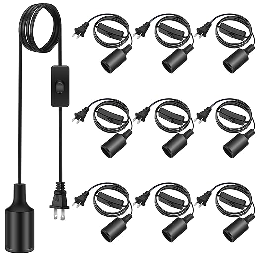 10 Pack Hanging Light Cord Pendant Light Cord with Switch Light Socket Extension Light Bulb Socket Cable Lamp Kit for E26 E27 Lamp Socket Lantern (Black, 15 Feet)