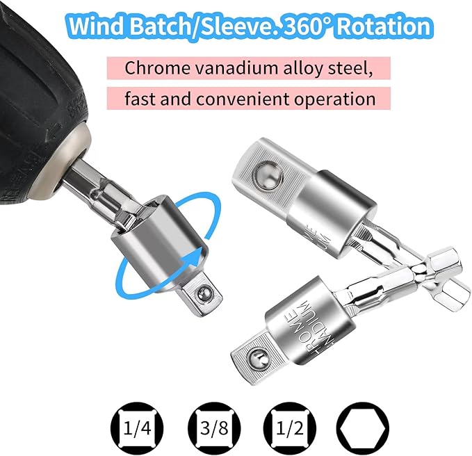 Flexible Drill Bit Extension and Universal Socket Wrench Tool Set, Hex Shank 105° Right Angle Drill Attachmen, 3pcs 1/4 3/8 1/2" Universal Socket Adapter Set and Screwdriver Bit Kit