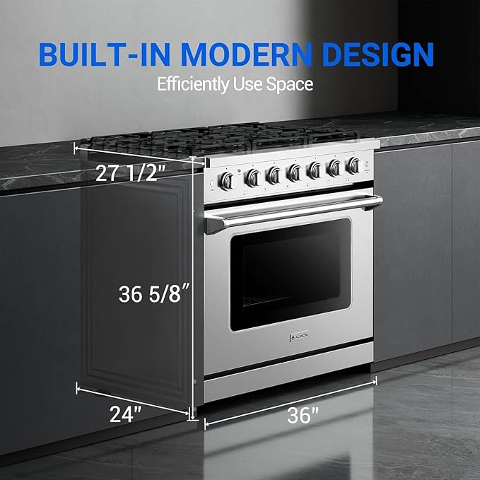 AAOBOSI 36 Inch Front Control Gas Range Oven with 6 Cooktop Burners, 6 Cu. Ft 18000 BTU Convection and Self Clean, Freestanding Heavy Duty Gas Range Stove with Halogen Light,Large Capacity,Silver