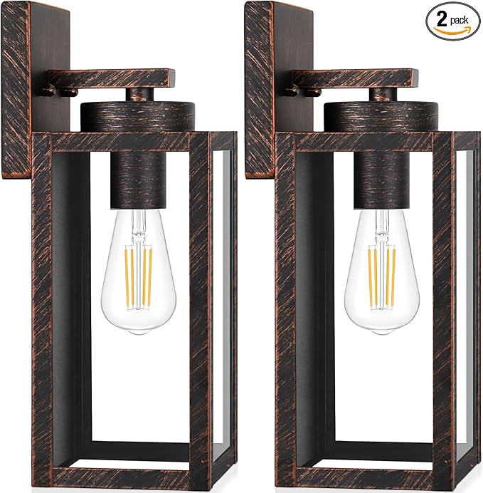 BesLowe 2-Pack Outdoor Wall Light Fixtures, Exterior Waterproof Wall Lanterns, Porch Sconces Wall Mounted Lighting with E26 Sockets & Glass Shades, Modern Wall Lamps for Patio Front Door, Brown