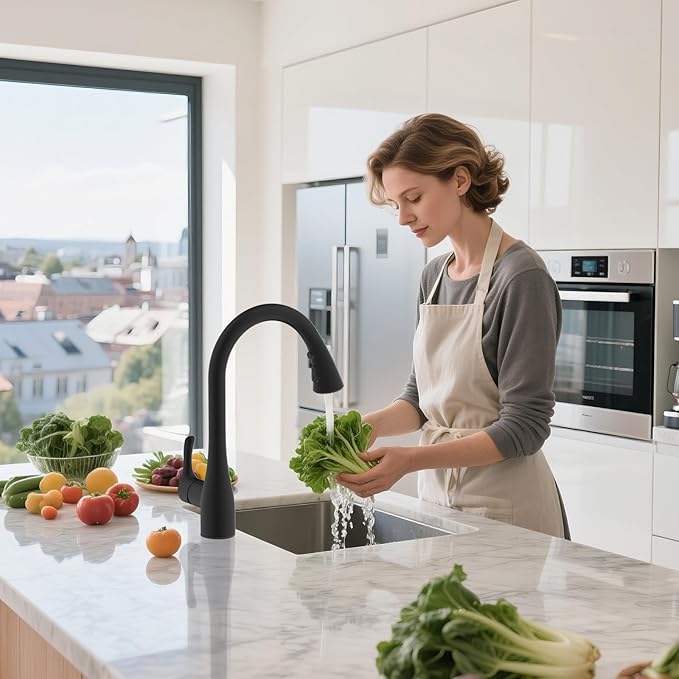 Hibbent Curved Pull Down Kitchen Faucet Head Replacement, 3-Function Kitchen Sink Spray Nozzle with 14 Adapters, Anti-Splash, Compatible with Kohler Bent Faucets, Matte Black