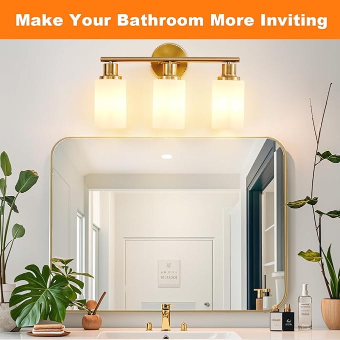 DLLT 3-Light Bathroom Light Fixtures: Gold Modern Vanity Lights with E26 Bulbs - Milky White Glass Shade Bathroom Wall Lamp for Mirror Kitchen Living Room Hallway Cabinet Porch