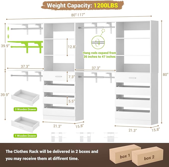 Aheaplus Closet System with 8 Wooden Drawers, Wood Closet Organizer System with Tower, Walk-in Closet Organizer Wardrobe Clothes Rack with 4 Hanging Rods, Garment Rack, Cut to Fit 7-12Ft, White