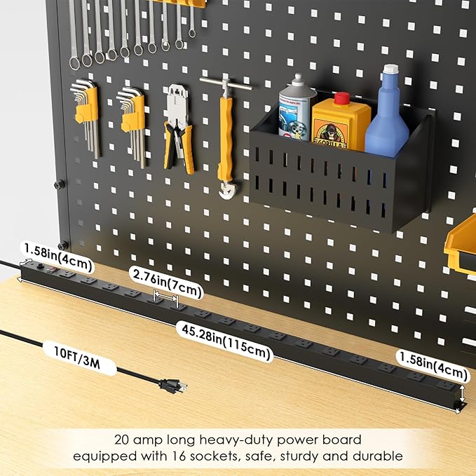 JUNNUJ Long Metal 16 Outlet Power Strip, Heavy Duty Power Strips Surge Protection 4800J with Circuit Breaker, 20a Wide Spaced Socket Wall Mount 5-15P Adapter High Amp 6-20R T-Slot 10FT Extension Cord
