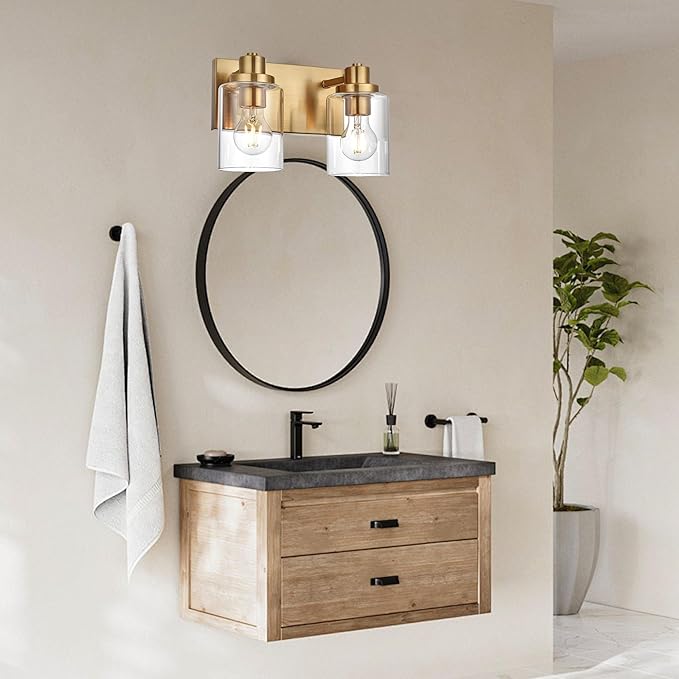 2 Light Bathroom Vanity Lights Brushed Brass Bathroom Lighting Fixtures over Mirror with Clear Glass Shade, Vintage Gold Vanity Light For Bathoom, Modern Bathroom Wall Vanity Lighting Fixtures