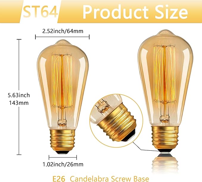 Antique Edison Light Bulbs 110V 60W 6 Pack, ST64 Decorative Incandescent Bulb 280LM 2200K Amber, Dimmable E26/E27 Base Vintage Bulbs Incandescent Light Bulbs for Chandeliers Wall Sconces