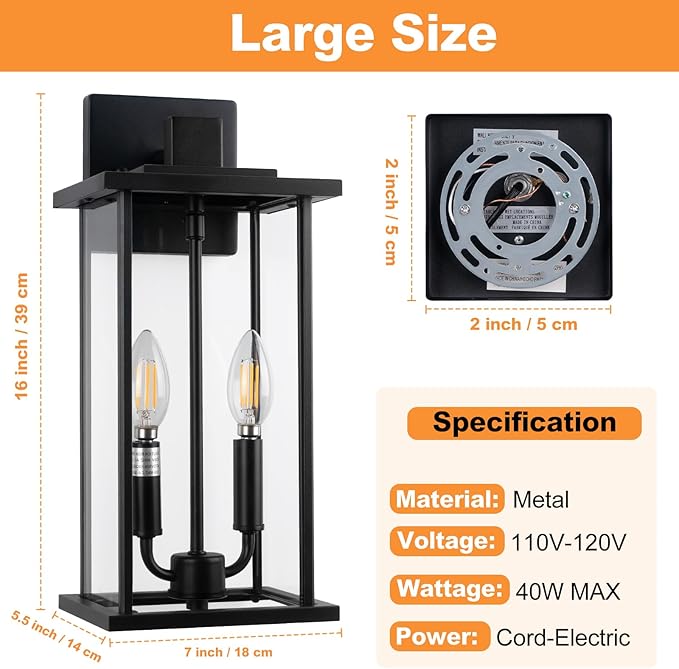2-Pack Large Outdoor Wall Light, 16" Exterior Lighting Fixtures Wall Mount, 2-Light Waterproof Wall Sconce, Modern Black Outdoor Lamps for Patio, Entryway
