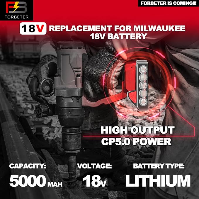 2 Packs 5.0Ah 18V Extended Capacity Battery Replacement for Milwaukee M18 Battery Lithium lon 48-11-1850,48-11-1852, Compatible with Milwaukee M18 Cordless Power Tools