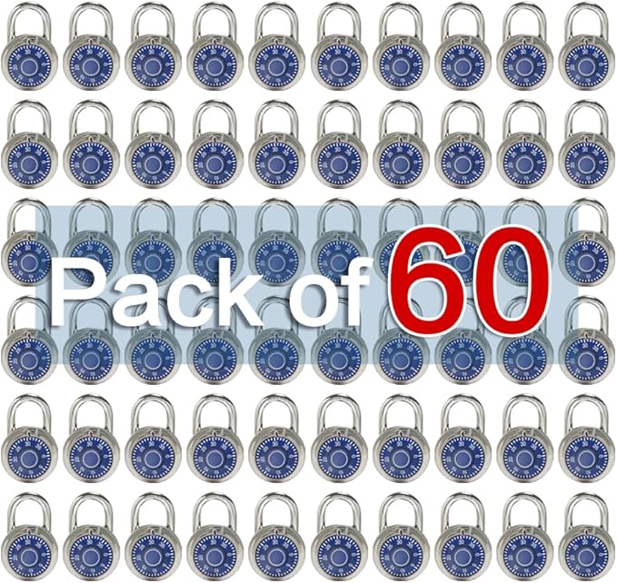 LanuBe Standard Dial Combination Lock, 2 in. Wide, with Different Combinations, Blue Turnplate, Pack of 60; Lock for School, Employee, Gym Sports Locker, Case, Toolbox, and so on