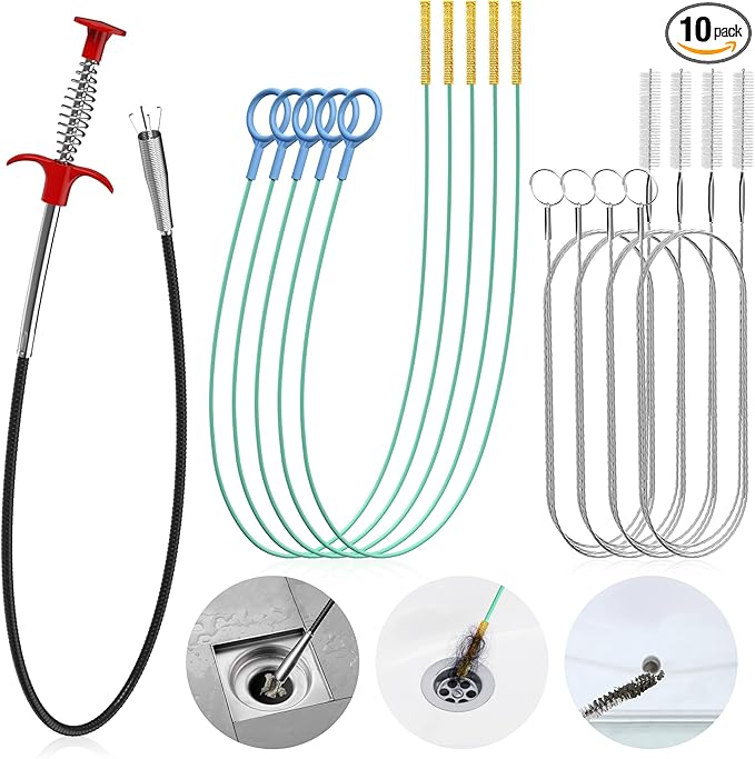 Drain Snake Clog Remover Tool: 5 × 30 Inch Sink Snake + 1 × 35.5 Inch Drain Cleaner Tool + 4 × 59 Inch Tube Drain Brush for Shower, Toilet, Bathroom Sink & Tub (10 Pack)