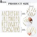 8 Sheets Vinyl Letter Stickers Waterproof Self Adhesive Letter Numbers Alphabet Modern Mailbox Numbers Sticker for Back to School DIY Mailbox House Home Business Address(2 Inch,Gold)