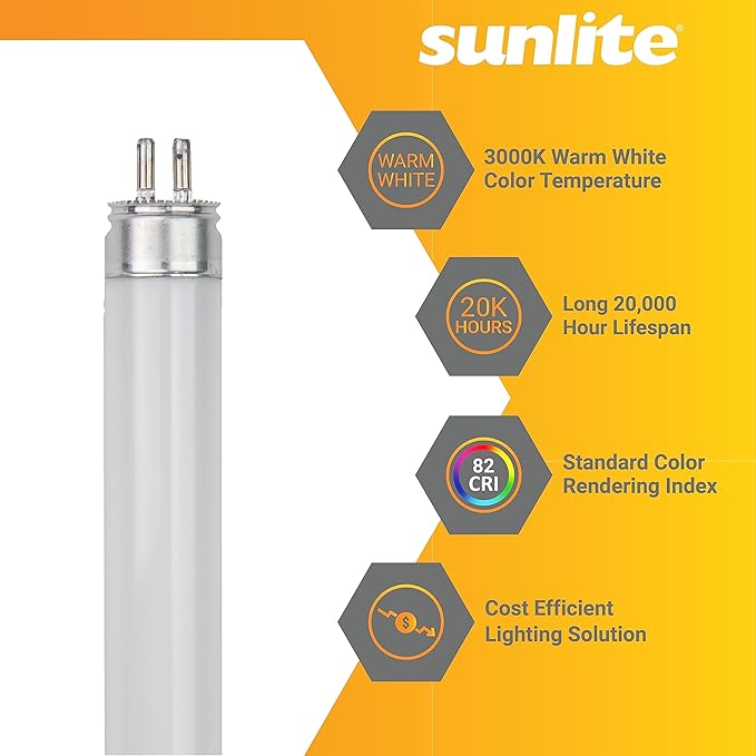 Sunlite 30315 F21T5/830 3 Foot T5 Linear Fluorescent Lamp, 21 Watts, 1900 Lumens, 3000K Warm White, Miniature G5 Bi-Pin Base, ROHS Compliant, High Performance Straight Tube, 40 Pack