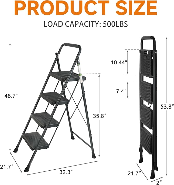 4 Step Ladder, Protable Steel Folding Stool with Wide Anti-Slip Pedal, 500lbs Sturdy Steel Ladder, Black