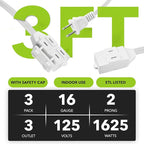HBN 3-Pack 3 ft 3-Outlet Indoor Extension Cord 16/2 SPT-2, 2 Prong Polarized, Power Cord with Safety Plug Cap, for Homes, Kitchens & Offices, White