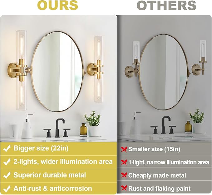 Wall Sconces Set of Two, Hardwired Brushed Gold Bathroom Sconces Wall Lighting with Clear Glass, Modern Sconces Wall Decor Set of 2 Bathroom Light fixtures for Mirror Hallway (Bulbs Not Included)