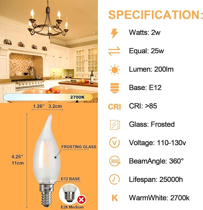Chandelier Frosted Light Bulbs 2W Equivalent 25W Incandescent Bulb, Candelabra Candle E12 LED Bulb Type B Soft Warm White 2700K, Dimmable for Dining Room,Light Fixture,Chandelier,12 Pack